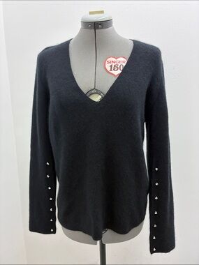Yves Saint Laurent Black V-Neck Angora Sweater with Crystal Sleeve Studs